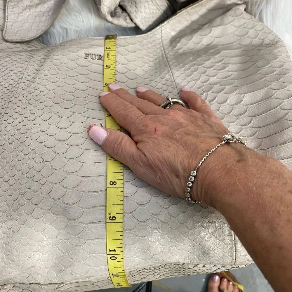 Furla logo light gray croc embossed genuine leather ribbon hobo shoulder bag